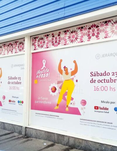 Murales impresos y pegados sobre vidriera de local de oficinas.